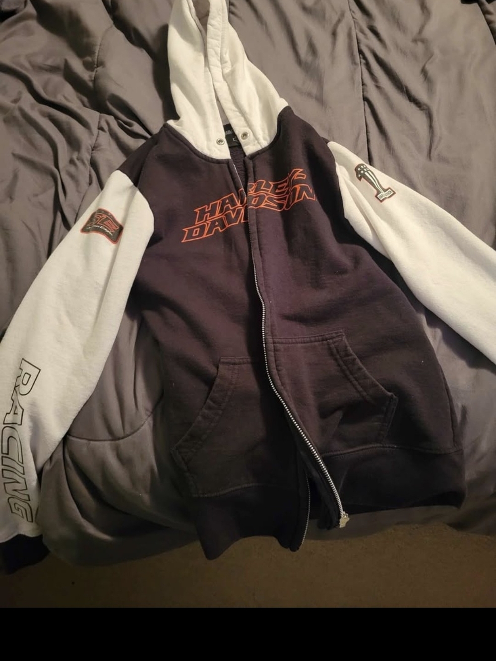 Kids Harley-Davidson Black and White Racing Zip-Up Hoodie with Orange Logo